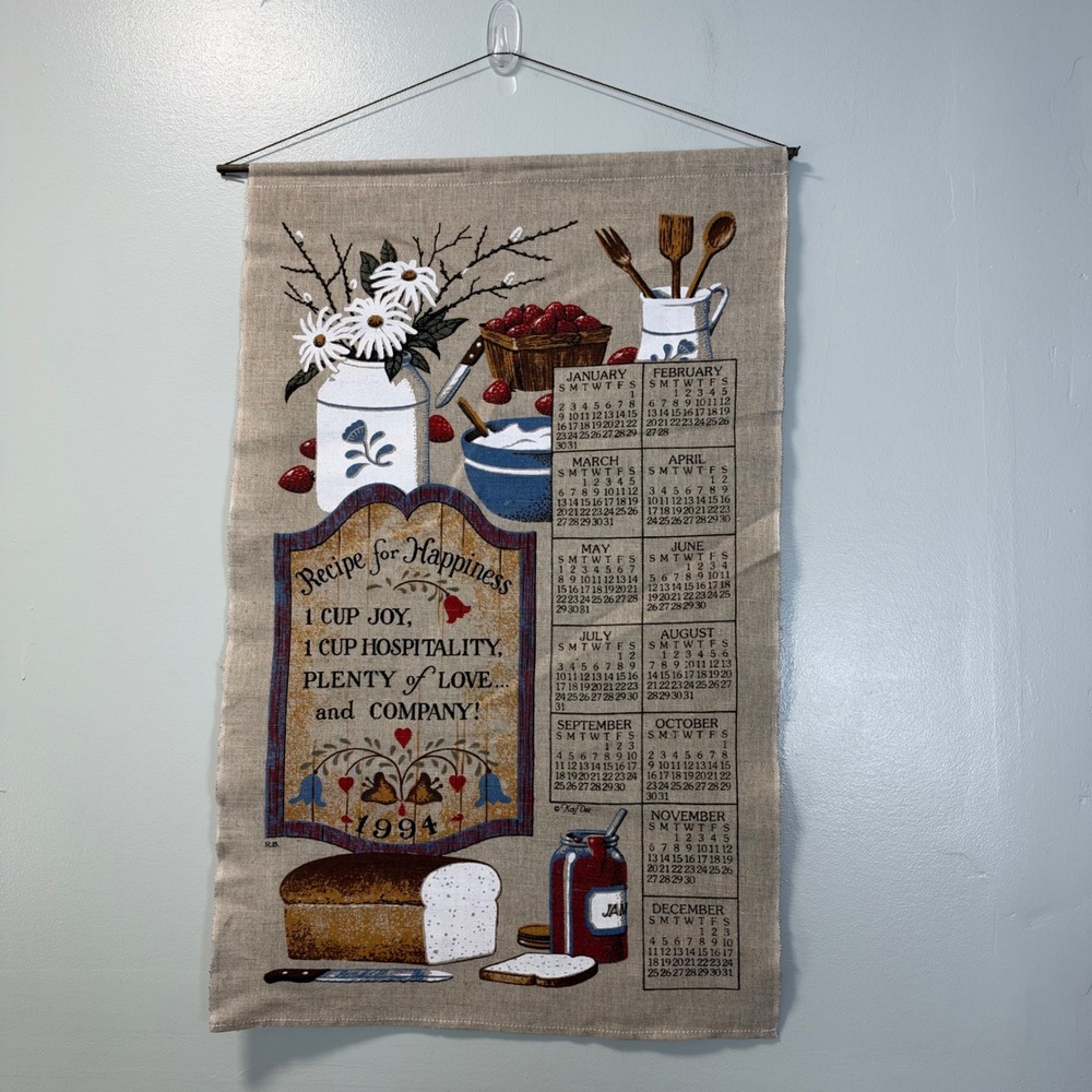Vintage Kay Dee 1994 Linen Calendar Tea Towel Recipe for Happiness Wall Hanging